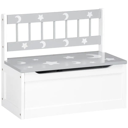Banc coffre de rangement pour enfant blanc et gris, design scandinave moderne, avec espace de rangement intégré.