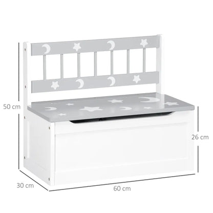 Banc coffre de rangement pour enfant 2-en-1 blanc et gris, design scandinave moderne, avec espace de stockage et assise.