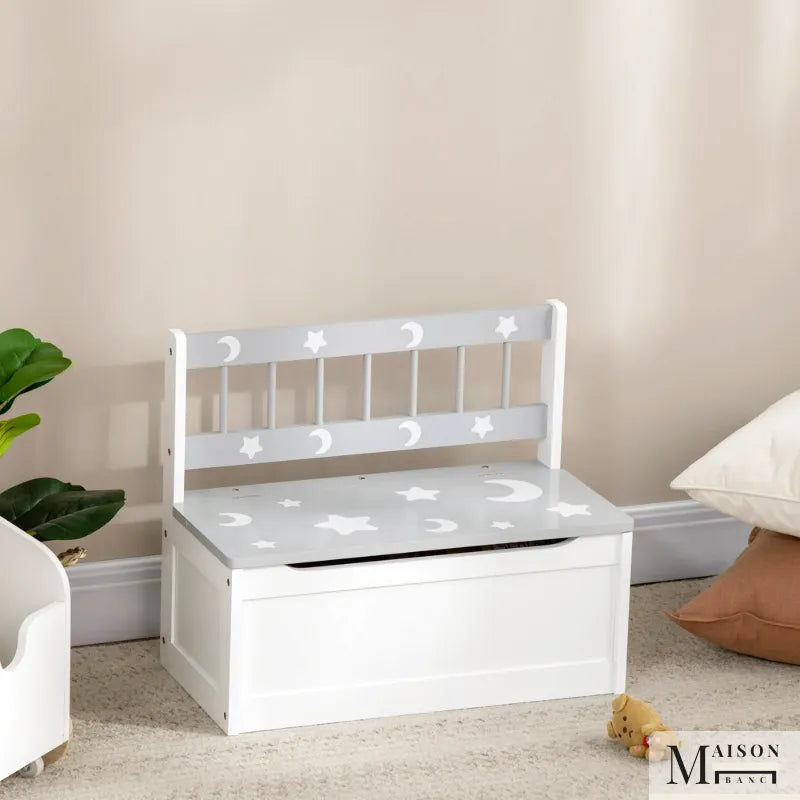 Banc coffre de rangement pour enfant 2-en-1 blanc et gris, design scandinave moderne, avec couvercle et espace de rangement.