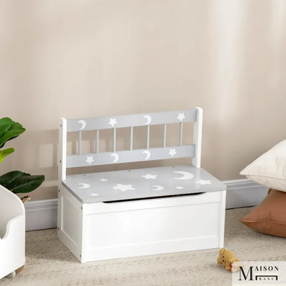 Banc coffre de rangement pour enfant 2-en-1 blanc et gris, design scandinave moderne, avec couvercle et espace de rangement.