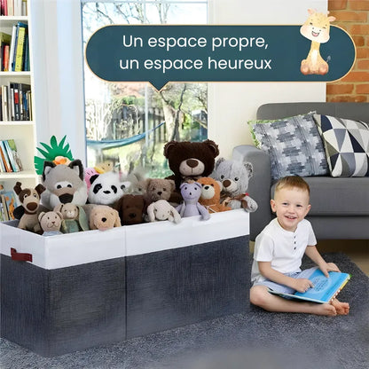 Banc coffre de rangement pliable pour enfant avec couvercle, design scandinave moderne, en bois clair et tissu doux.