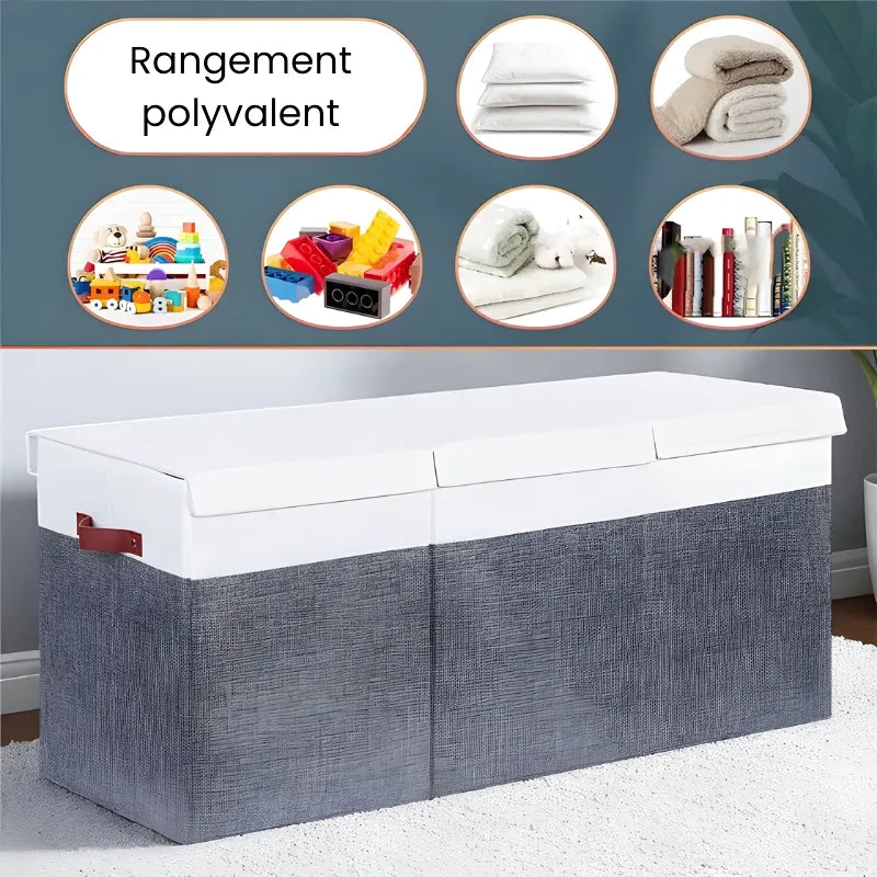 Banc coffre de rangement pliable pour enfant avec couvercle, design scandinave moderne, en bois clair, idéal pour chambre d'enfant.