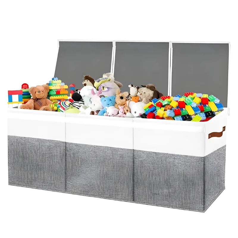 Banc coffre de rangement pliable pour enfant avec couvercle, design scandinave moderne, en bois clair et tissu blanc.