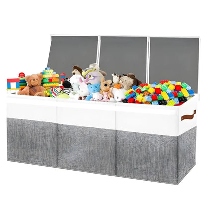 Banc coffre de rangement pliable pour enfant avec couvercle, design scandinave moderne, en bois clair et tissu blanc.