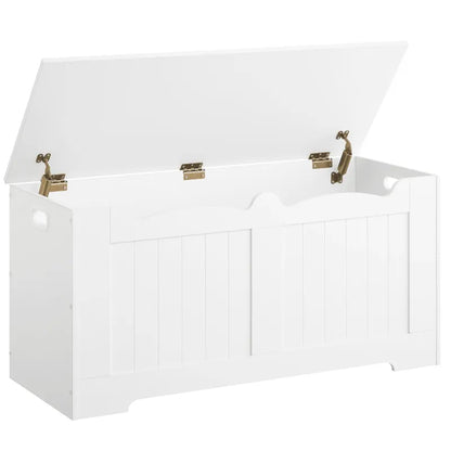 Banc coffre de rangement minimaliste en bois blanc de la marque Maison Banc, design épuré et élégant pour intérieur moderne.