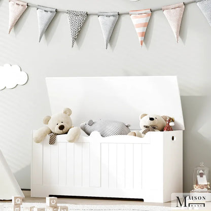 Banc coffre de rangement minimaliste en bois blanc avec design épuré, idéal pour le salon ou l'entrée.