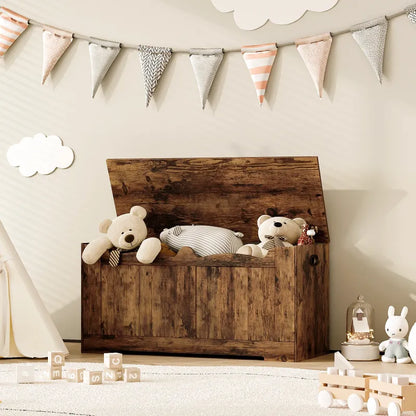 Banc coffre de rangement minimaliste en bois marron rustique, design épuré, parfait pour décoration intérieure Maison Banc