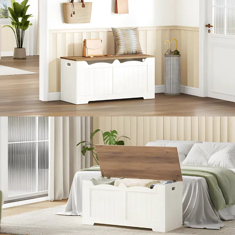 Banc coffre de rangement moderne blanc avec design minimaliste, idéal pour le salon ou l'entrée, par Maison Banc.