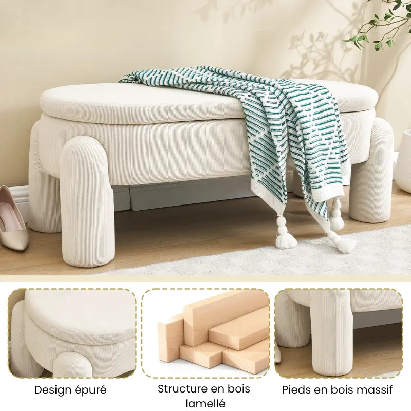 Banc coffre de rangement Ottoman beige avec design moderne et élégant, en tissu, idéal pour le salon ou la chambre.
