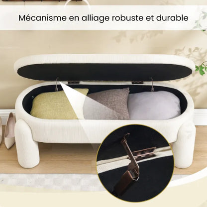 Banc coffre de rangement beige de maison avec design moderne et élégant, en tissu doux et structure solide visible.