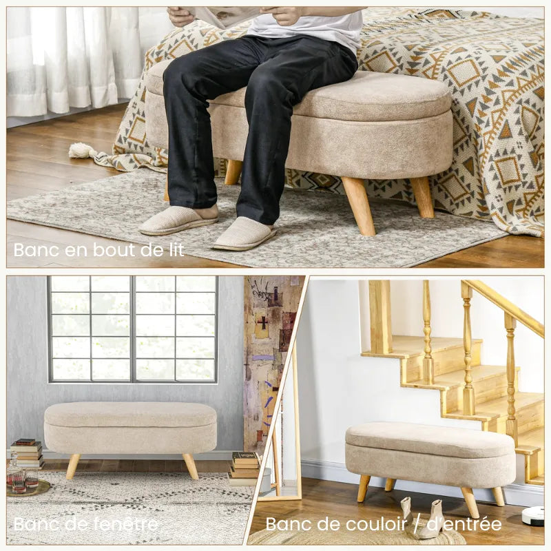 Banc coffre ovale en velours beige, design scandinave élégant, idéal pour rangement et décoration intérieure.