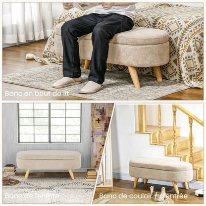 Banc coffre ovale en velours beige, design scandinave élégant, idéal pour rangement et décoration intérieure.