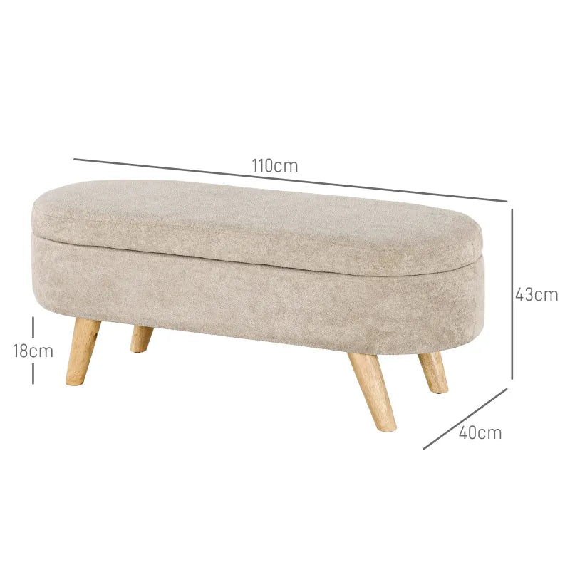 Banc coffre de rangement ovale en velours beige de Maison Banc, design scandinave élégant, idéal pour décoration intérieure.