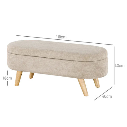 Banc coffre de rangement ovale en velours beige de Maison Banc, design scandinave élégant, idéal pour décoration intérieure.