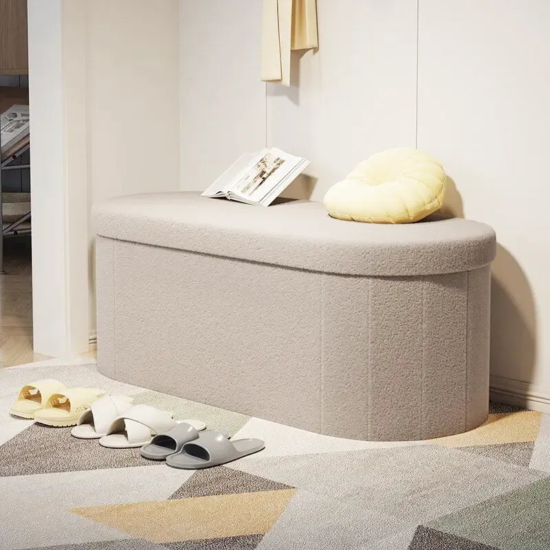 Banc coffre de rangement pliable Maison Banc en bois marron clair, design minimaliste et moderne, idéal pour espace de rangement.