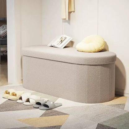 Banc coffre de rangement pliable Maison Banc en bois marron clair, design minimaliste et moderne, idéal pour espace de rangement.
