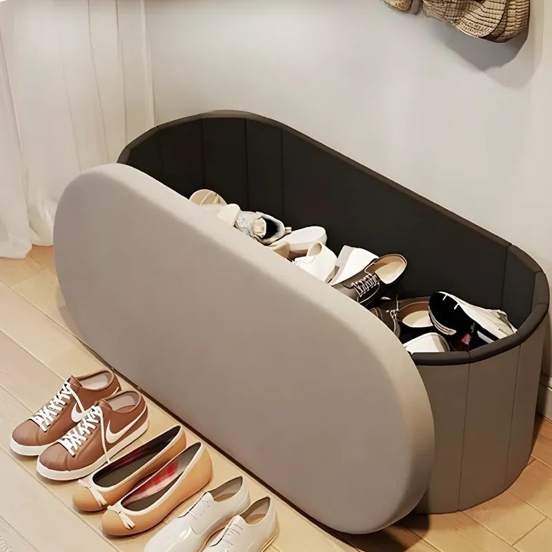 Banc coffre de rangement pliable Maison Banc, design minimaliste moderne, finition marron foncé, idéal pour salon ou chambre.