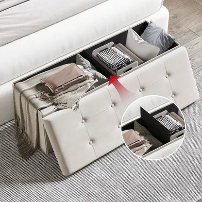 Banc coffre de rangement pliable en lin beige avec design scandinave, par Maison Banc, idéal pour le rangement intérieur.