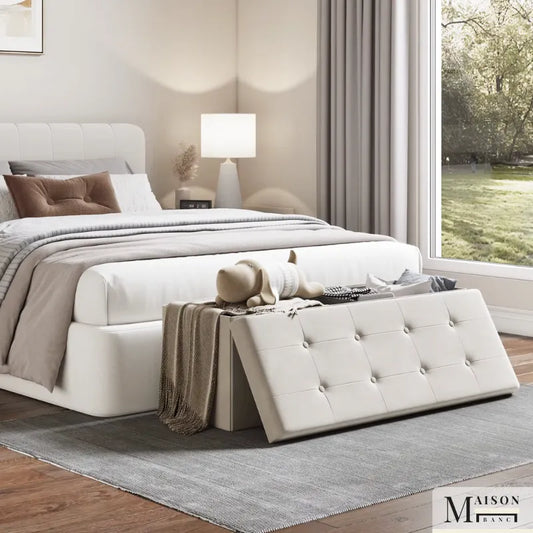 Banc coffre de rangement pliable en lin beige avec design scandinave, meuble pratique et élégant pour intérieur.