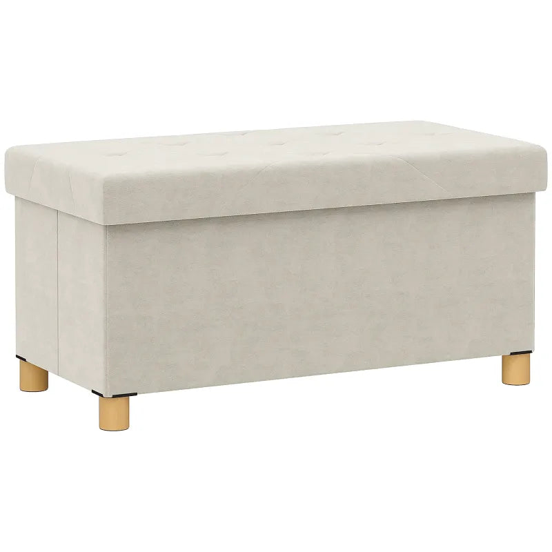Banc coffre de rangement pliable en velours crème avec design scandinave élégant, idéal pour la décoration intérieure.