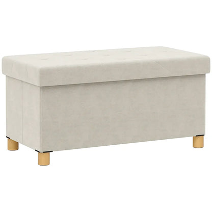 Banc coffre de rangement pliable en velours crème avec design scandinave élégant, idéal pour la décoration intérieure.