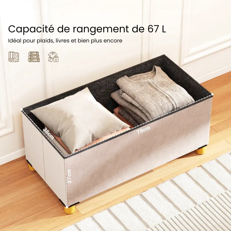 Banc coffre de rangement pliable en velours crème avec design scandinave élégant, parfait pour intérieur moderne.