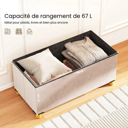 Banc coffre de rangement pliable en velours crème avec design scandinave élégant, parfait pour intérieur moderne.