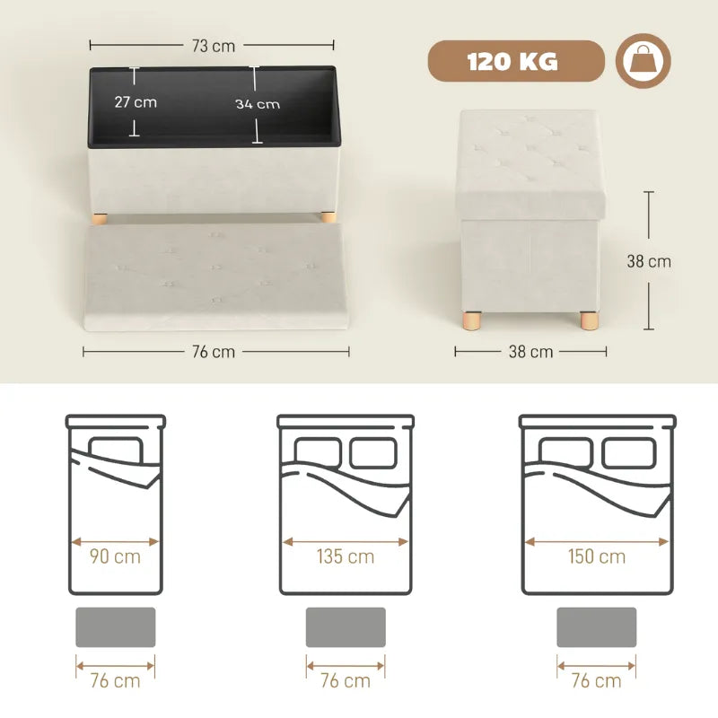 Banc coffre de rangement pliable en velours crème avec design scandinave élégant, parfait pour la décoration intérieure.