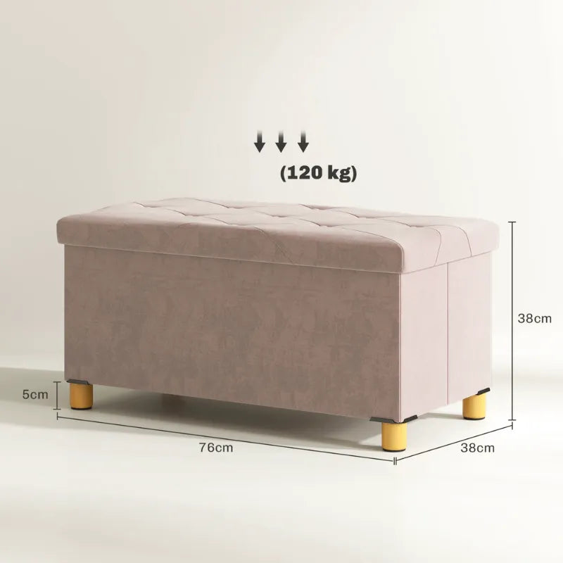 Banc coffre de rangement pliable en velours crème avec design scandinave élégant, de la marque Maison Banc, avec coussin rose.