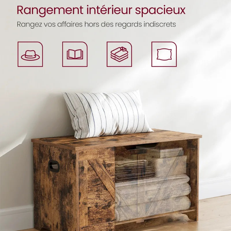 Banc coffre de rangement rustique style grange Maison Banc avec charnières de sécurité en bois marron rustique.