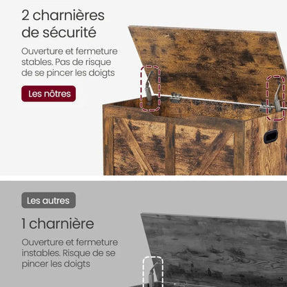 Banc coffre de rangement rustique de style grange avec charnières de sécurité en bois marron, idéal pour la décoration intérieure.