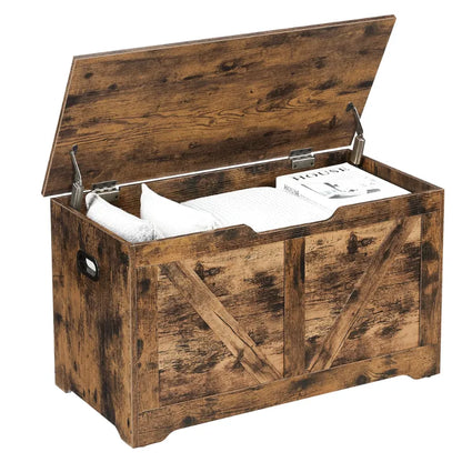 Banc coffre de rangement rustique style grange avec charnières de sécurité en bois marron, décoratif et pratique pour la maison.