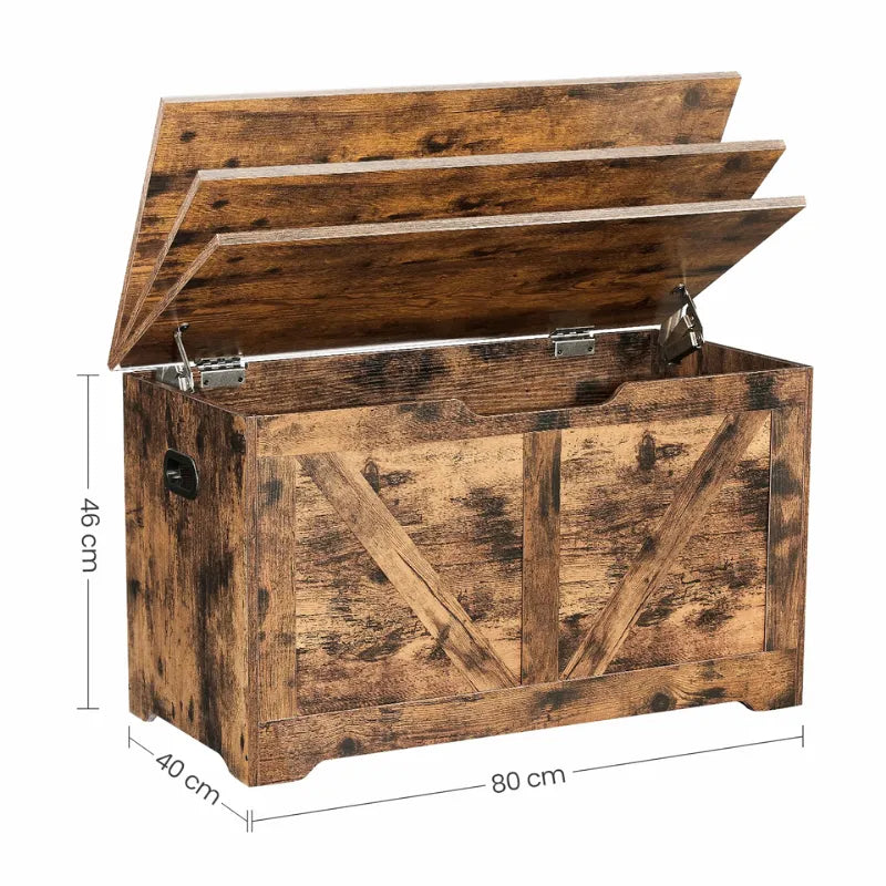 Banc coffre de rangement rustique en bois style grange avec charnières de sécurité, finition marron vintage.