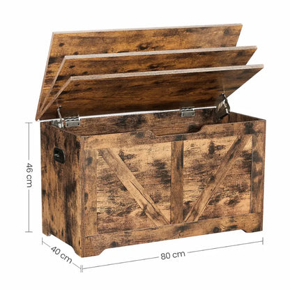 Banc coffre de rangement rustique en bois style grange avec charnières de sécurité, finition marron vintage.