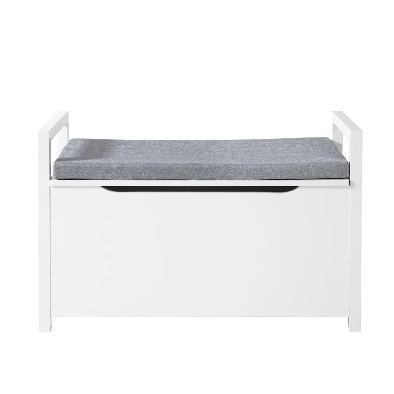 Banc coffre d’entrée Scandinave Maison Banc en blanc avec coussin gris et espace de rangement discret visible dans l’image