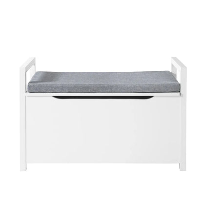 Banc coffre d’entrée Scandinave Maison Banc en blanc avec coussin gris et espace de rangement discret visible dans l’image