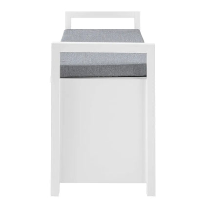 Banc coffre d'entrée Scandinave blanc avec coussin gris et espace de rangement discret, design moderne et épuré.