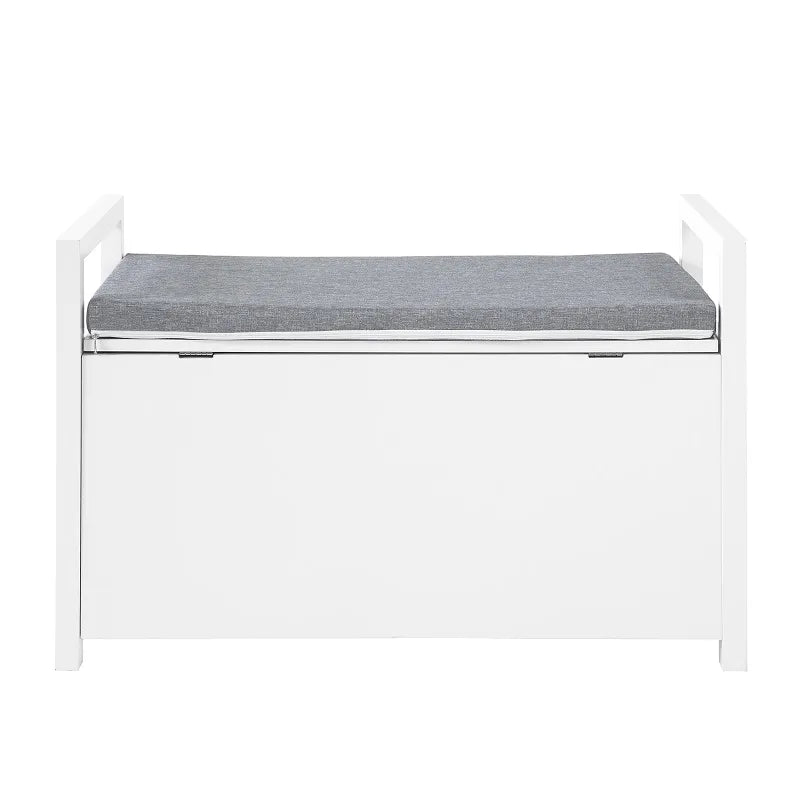 Banc coffre d'entrée scandinave blanc avec coussin gris et espace de rangement discret, design moderne et élégant.