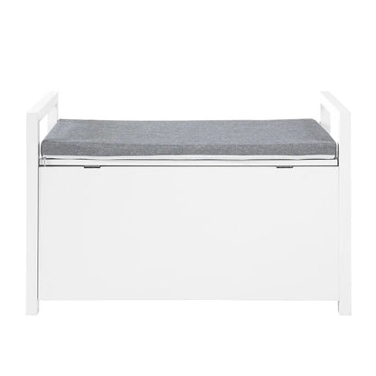 Banc coffre d'entrée scandinave blanc avec coussin gris et espace de rangement discret, design moderne et élégant.