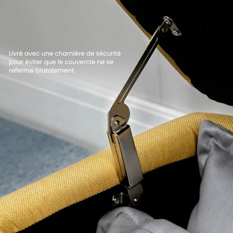 Banc coffre design scandinave jaune avec assise rembourrée et espace de rangement, idéal pour salon ou entrée.