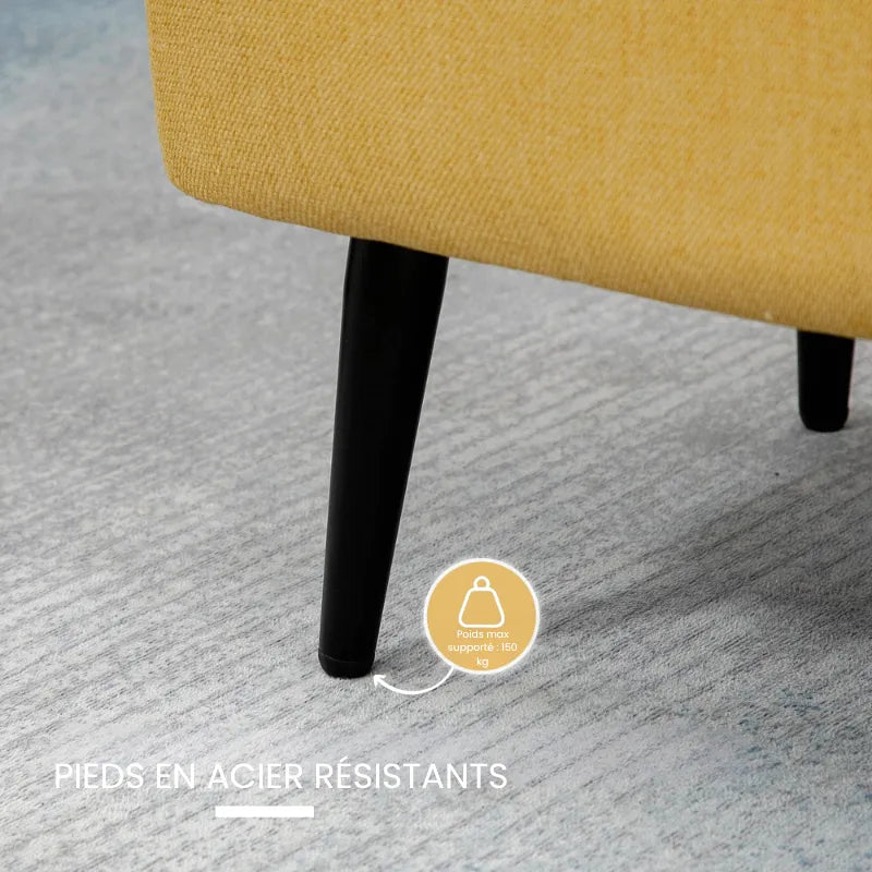 Banquette coffre design scandinave jaune avec assise rembourrée et espace de rangement, style moderne et élégant pour intérieur.