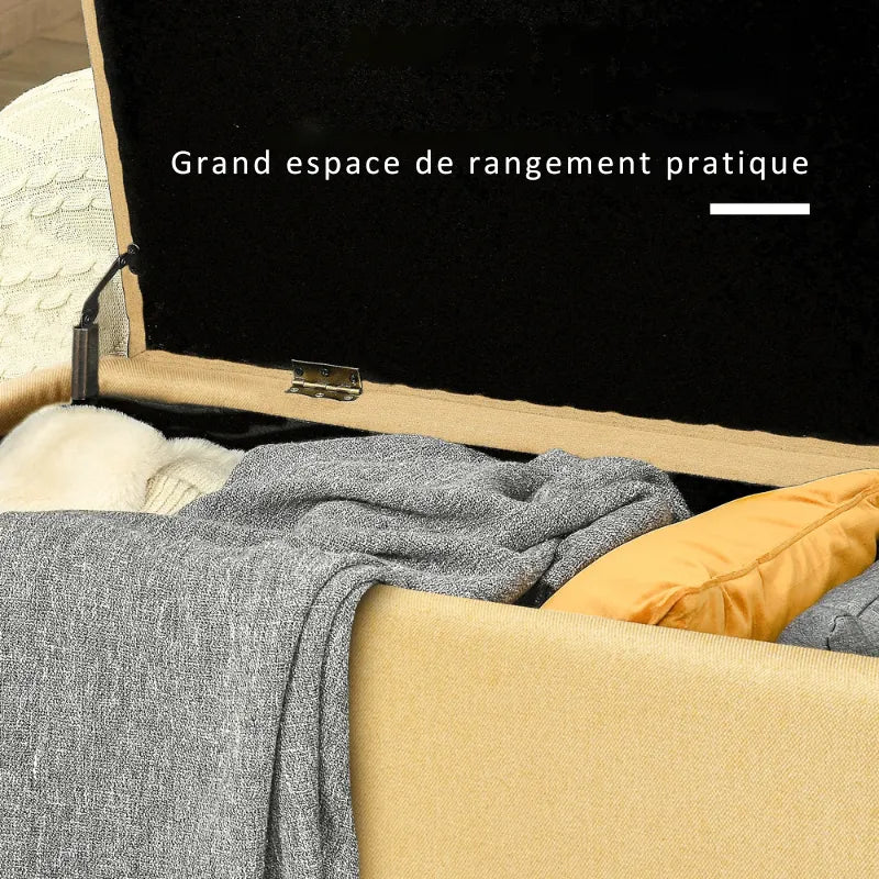 Banquette coffre design scandinave jaune avec assise rembourrée et espace de rangement intégré, idéal pour la décoration intérieure.