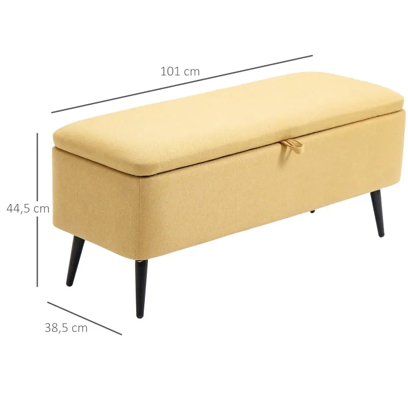 Banquette coffre design scandinave jaune avec assise rembourrée et espace de rangement intégré, style moderne et élégant.