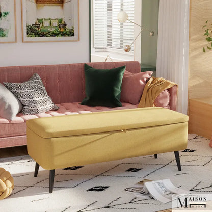 Banc coffre design scandinave jaune avec assise rembourrée et espace de rangement, parfait pour entrée ou salon.