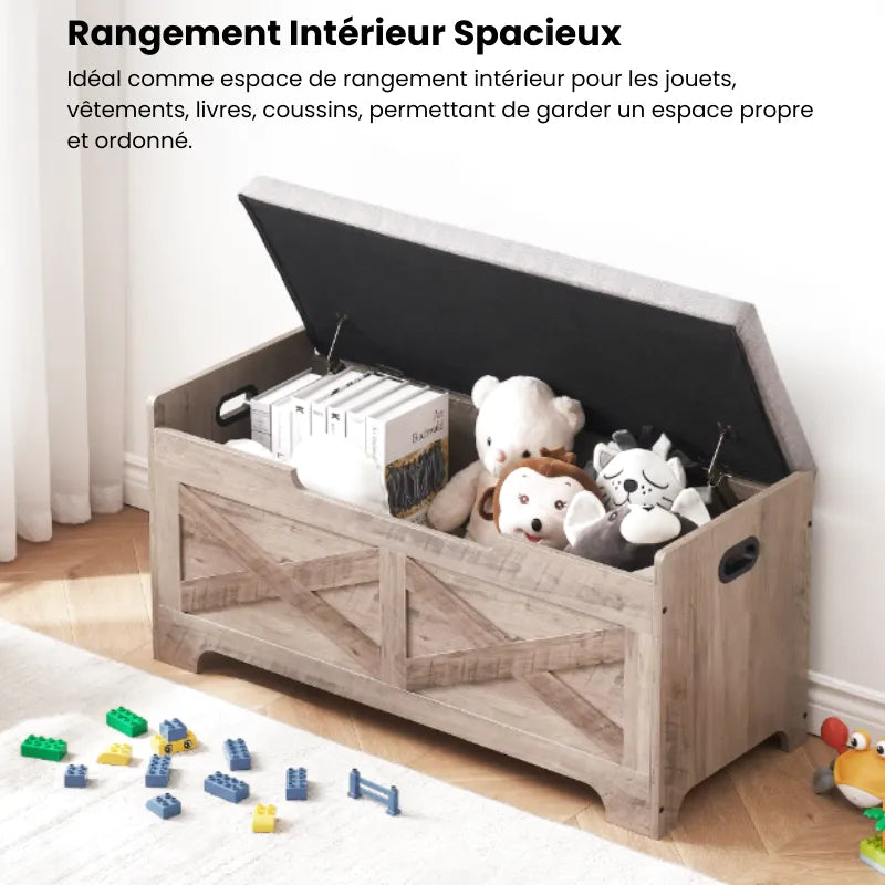 Banc coffre en bois Maison Banc avec rangement, design décoratif et assise confortable dans un intérieur moderne.