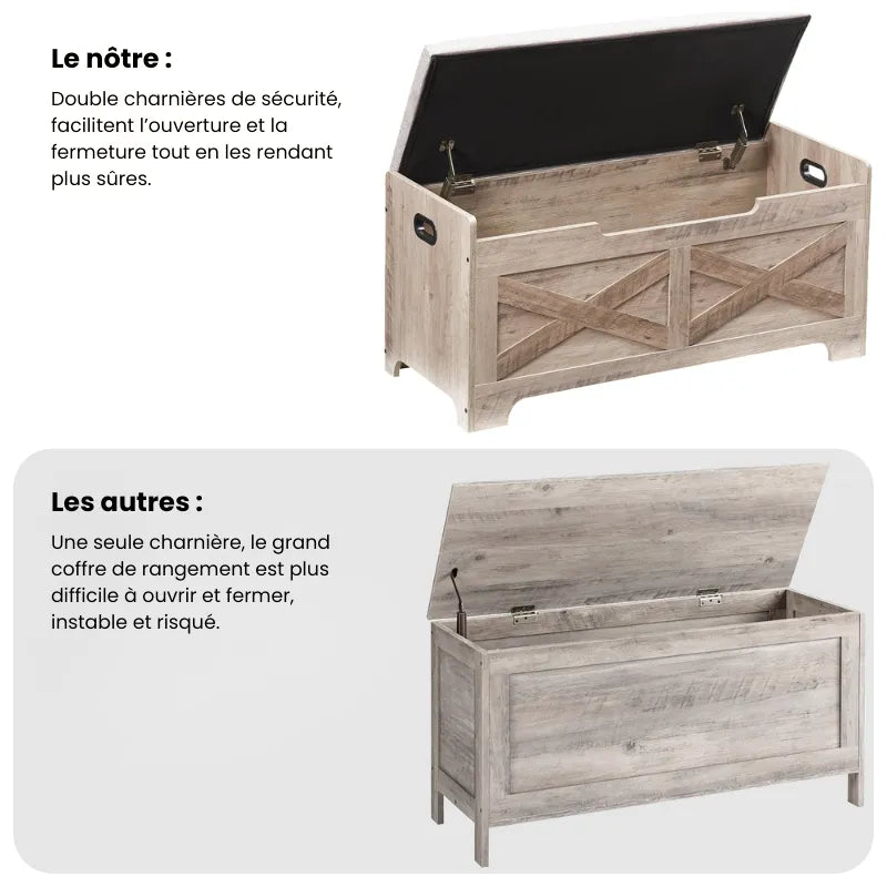 Banc coffre en bois de la marque Maison Banc avec rangement, design décoratif et assise confortable, dans un intérieur moderne