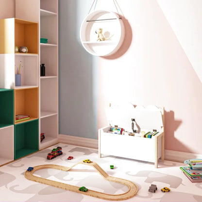 Banc coffre pour enfant en bois avec dossier, assise de rangement décorative, fabriqué par Maison Banc.