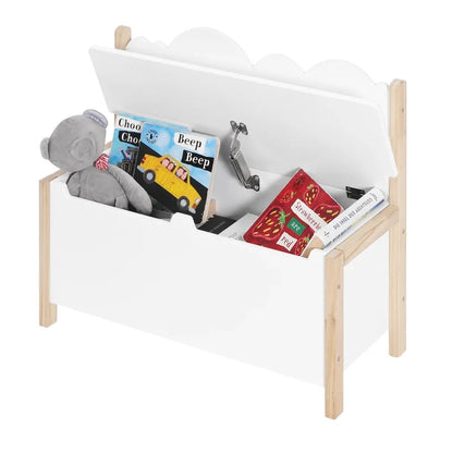 Banquette coffre pour enfant en bois avec dossier, assise de rangement décorative, par Maison Banc.