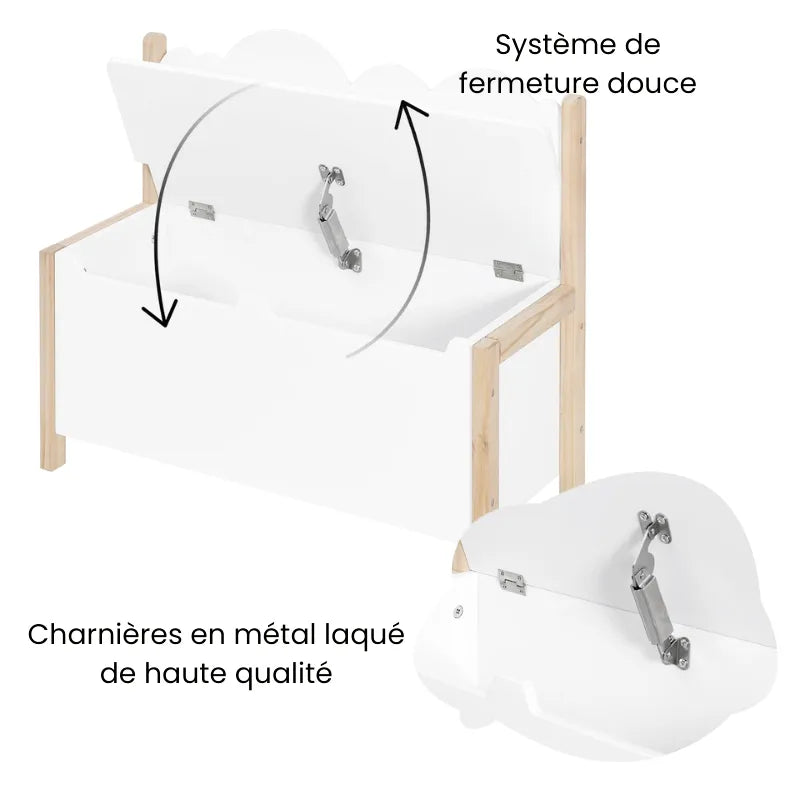 Coin d’un banc coffre pour enfant en bois avec dossier et espace de rangement décoratif, idéal pour chambre ou salon.