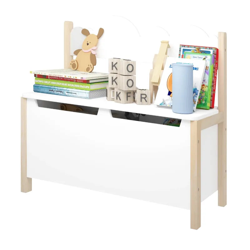 Banc coffre pour enfant en bois avec dossier, assise de rangement décorative, conçu par Maison Banc.